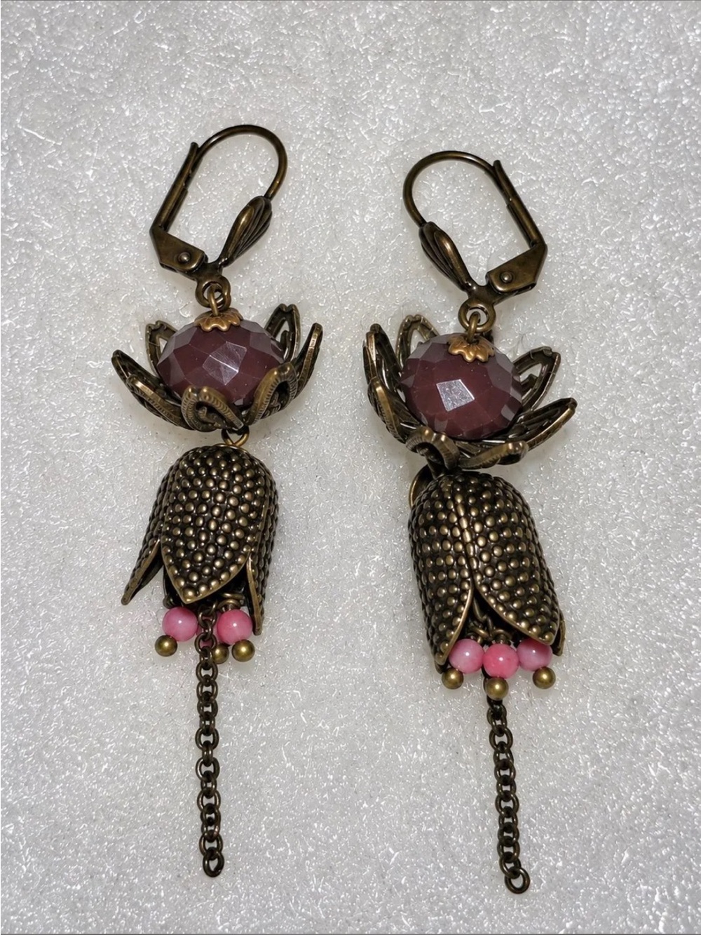 Vintage Julie Sion Made in France Antiqued Brass Floral Dangle Earrings
